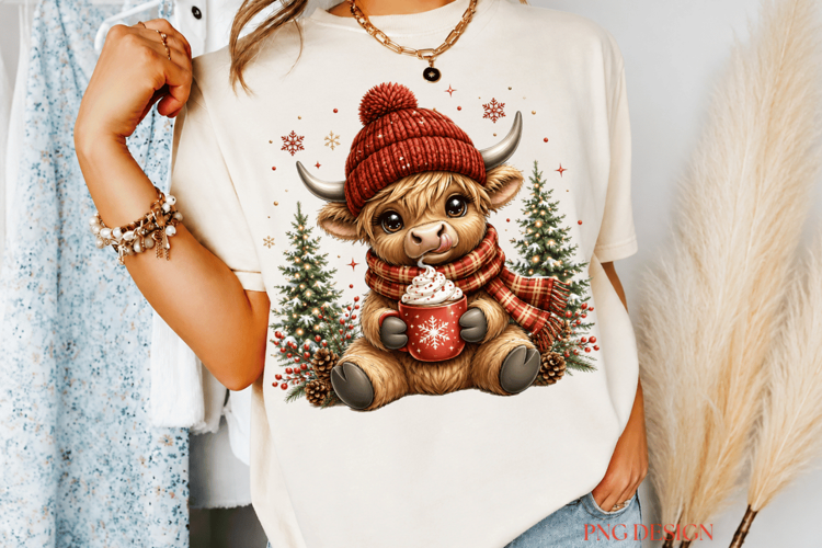 Cute Christmas Highland Cow PNG, Highland Cow Hot Cocoa