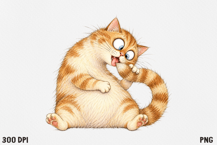 Funny Fluffy Cat Clipart PNG, Cute Crazy Cat Illustration.