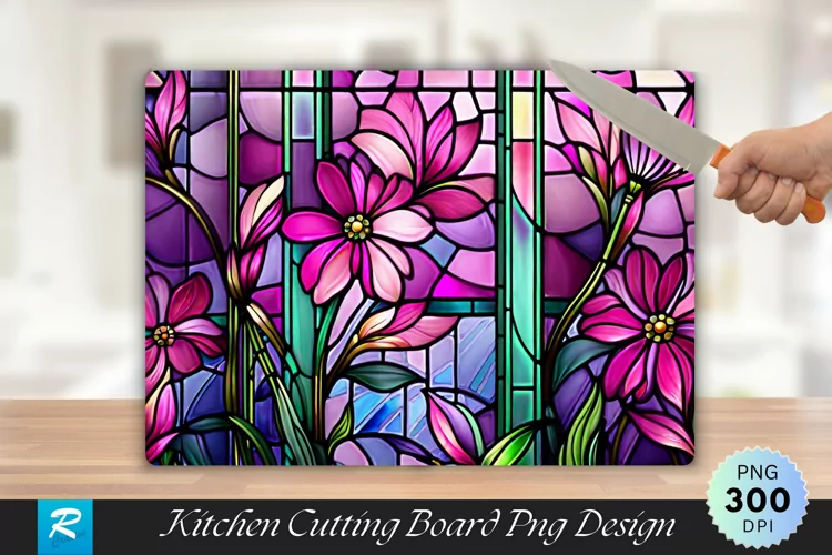 Pink Stained Glass Flowers Cutting Board Sublimation Design