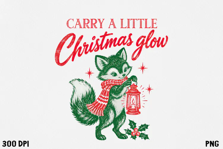 Vintage Christmas FoxLantern Retro Holiday Quote PNG