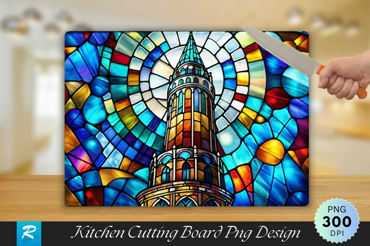 Stained Glass Tower Cutting Board Sublimation Design