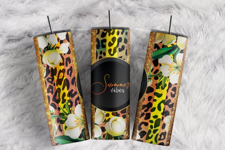 Summer Vibes Colorful Leopard Floral Gold 20 oz tumbler wrap