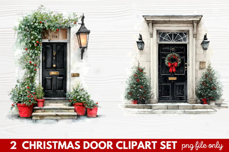 2 Christmas Door Clipart Set | Festive Holiday Front Door