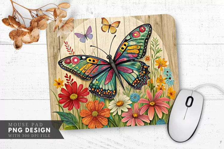 Butterfly and Floral Upcycled Art Mouse Pad PNG Design