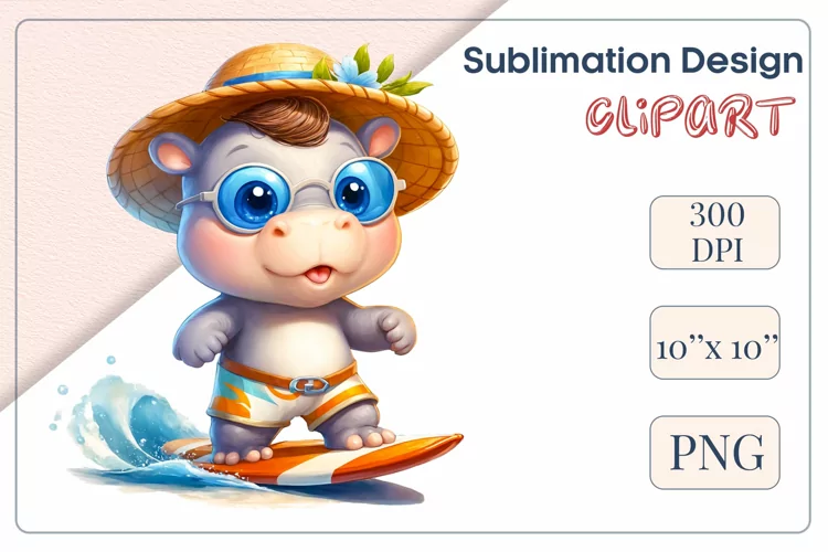 Cute Cartoon Baby Hippo Surfer | Sublimation Design| Clipart
