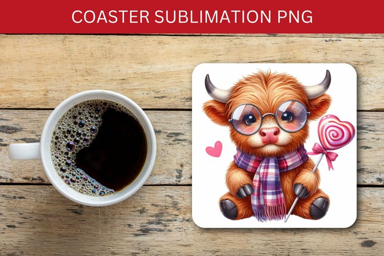 valentine square coaster - highland cow heart example image 1