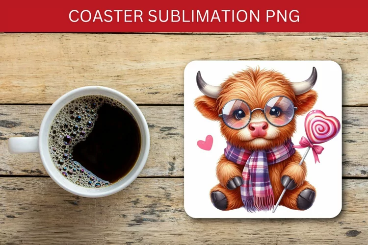 valentine square coaster - highland cow heart