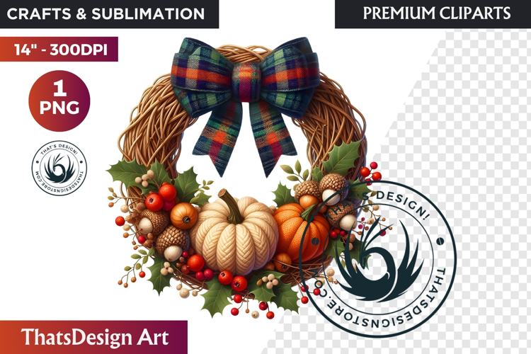Cozy Autumn Wreath - Boho Farmhouse Fall Clipart PNG