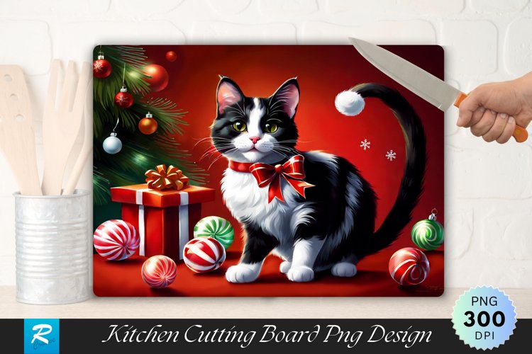 Festive Calico Cat with Candy Cane Cutting Board Sublimation