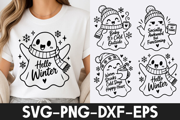 Cute Winter Ghost Snowflake SVG PNG example image 1
