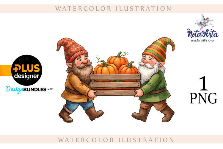Gnomes with Pumpkin Harvest in Watercolor Style