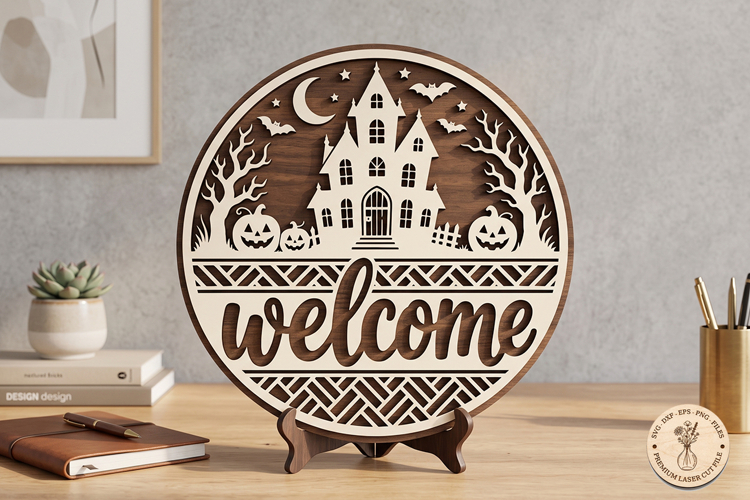 Halloween Welcome Round Sign SVG Haunted House Laser Cut