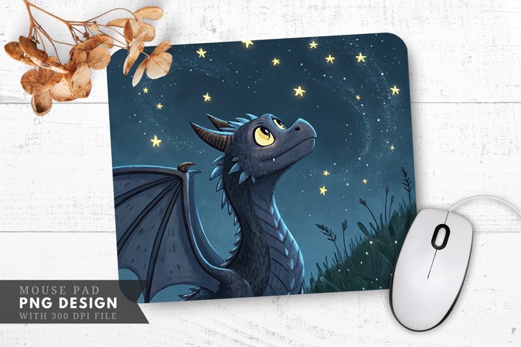 Curious Night Dragon Among Stars Mouse Pad PNG Design