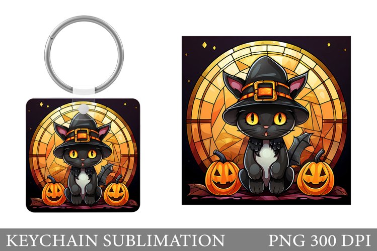 Cat Halloween Square Keychain. Halloween Keychain Design