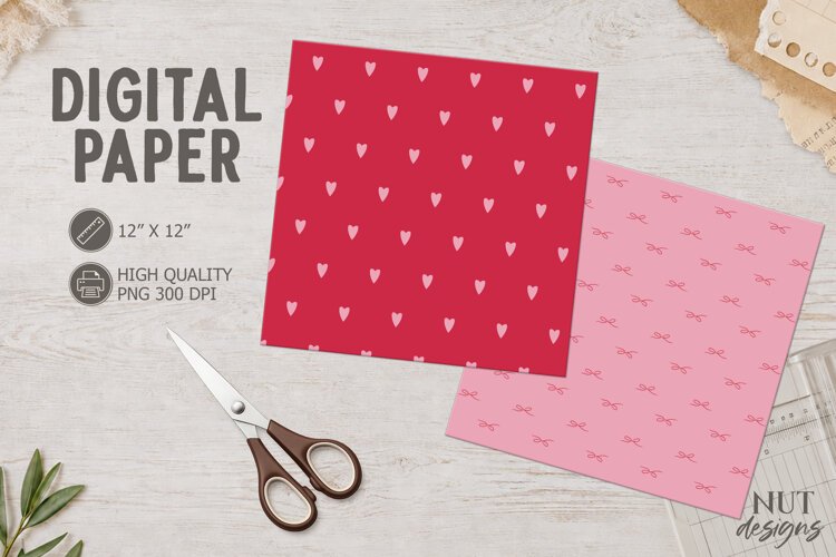 Romantic Valentine Digital Paper Pink Hearts and Bows example image 1