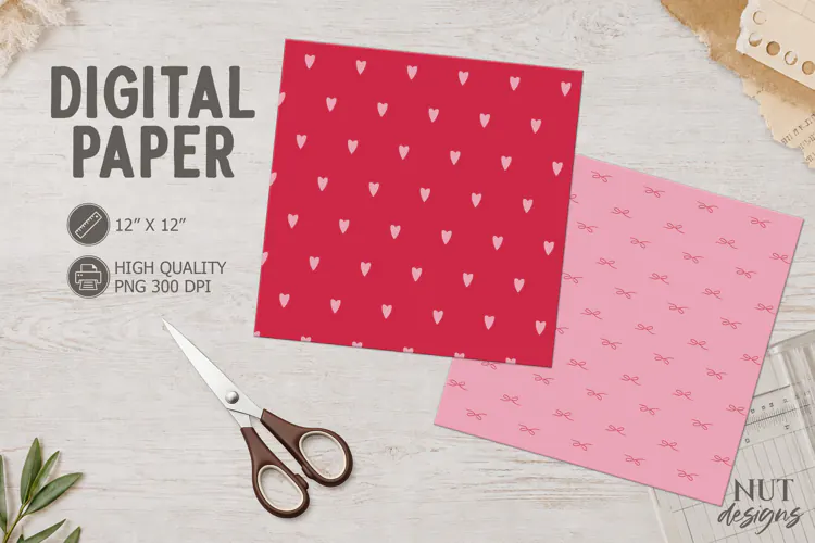 Romantic Valentine Digital Paper Pink Hearts and Bows