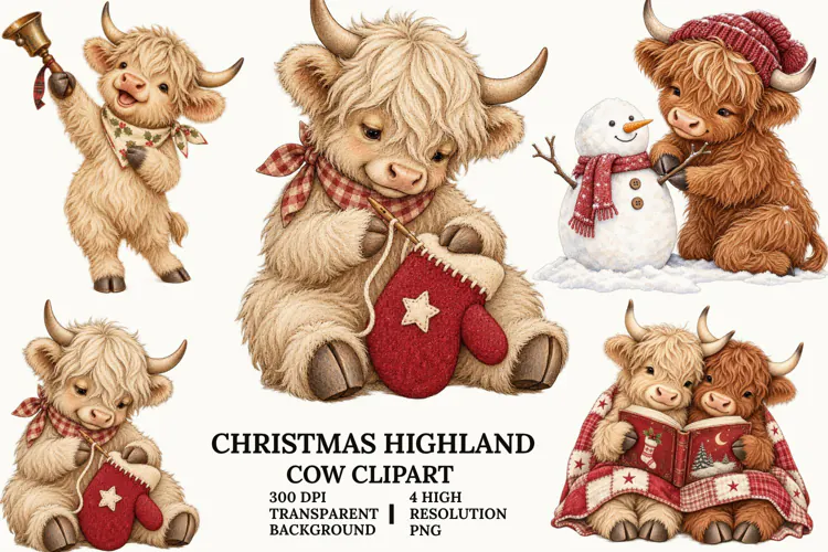Christmas Highland Cow Clipart with Cozy Winter Holiday PNG