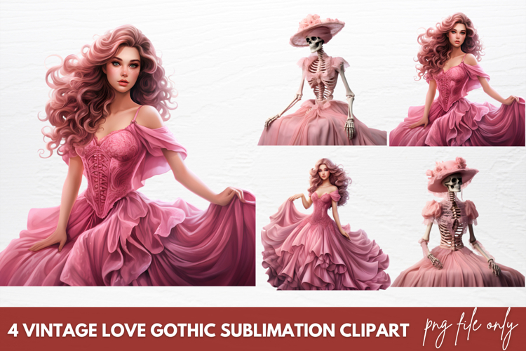 Vintage Love Gothic Sublimation Clipart, Pink Halloween