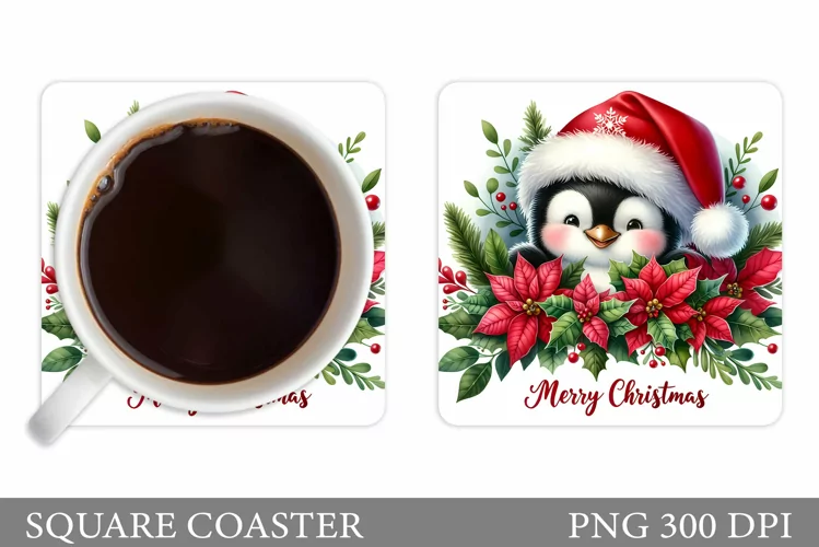 Cute Penguin Coaster Sublimation. Christmas Coaster Design