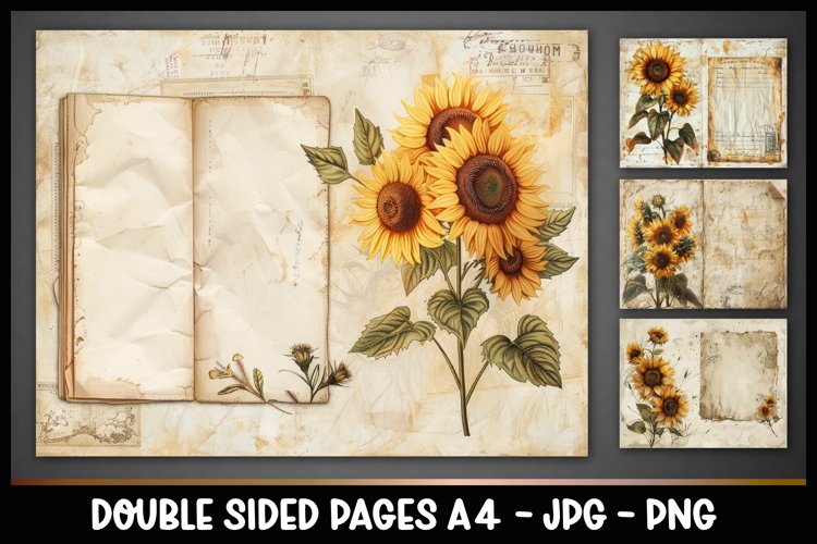4 Vintage Double Sided Junk Journal Page I Sunflowers