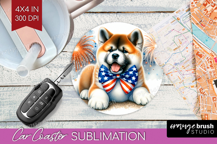 Akita Dog Car Coaster Patriotic Dog Coaster PNG Sublimation example image 1