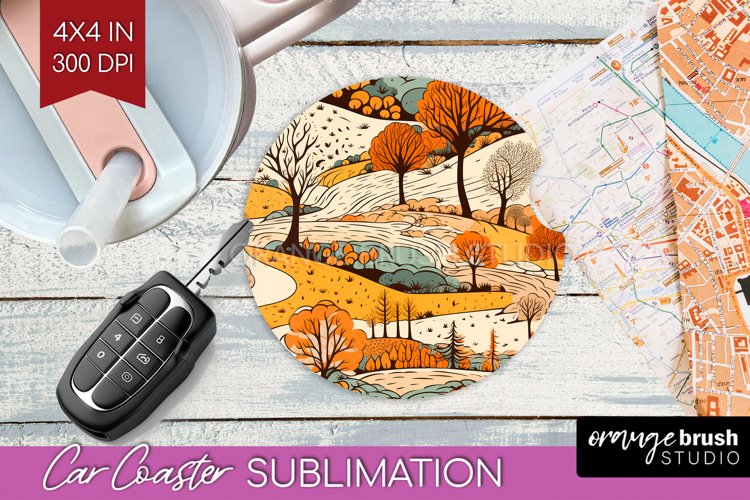 Autumn Forest Car Coaster - Fall Coaster PNG Sublimation