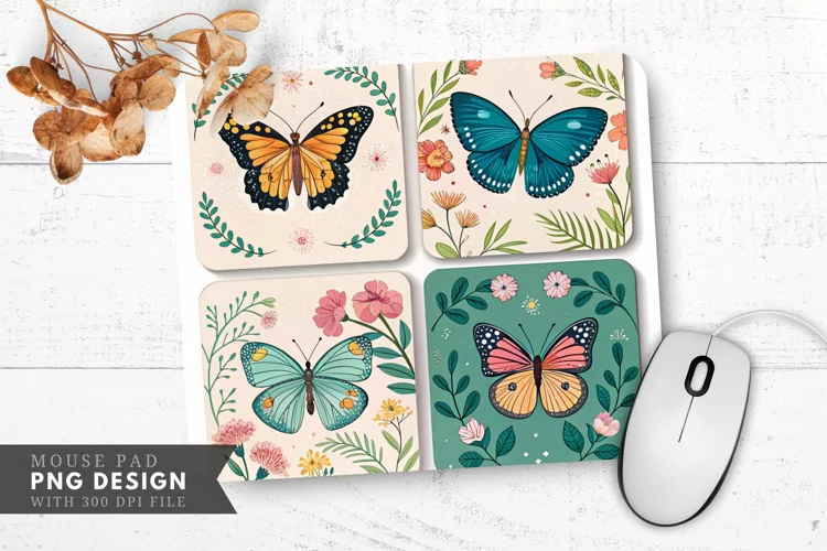Butterfly and Floral Coasters Mouse Pad PNG Design