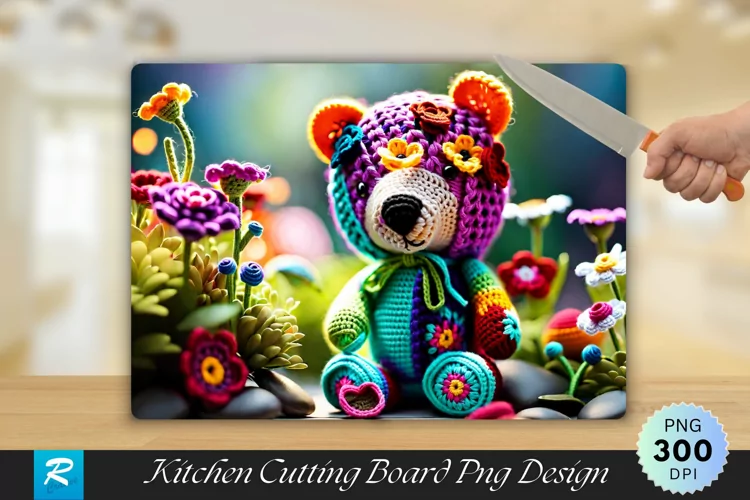 Multicolored Bear with Flowers Cutting Board PNG Design