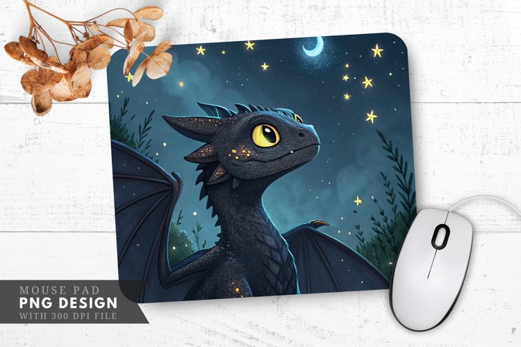 Curious Night Dragon Surrounded by Stars Mouse Pad PNG