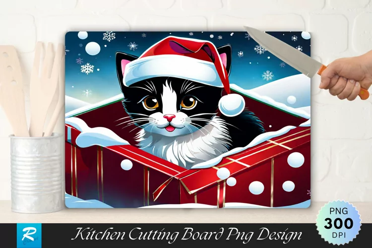 Festive Kitten Surprise Cutting Board Sublimation Design