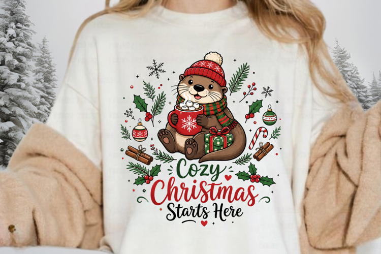 Cozy Christmas Starts Here PNG, Cute Otter Christmas PNG