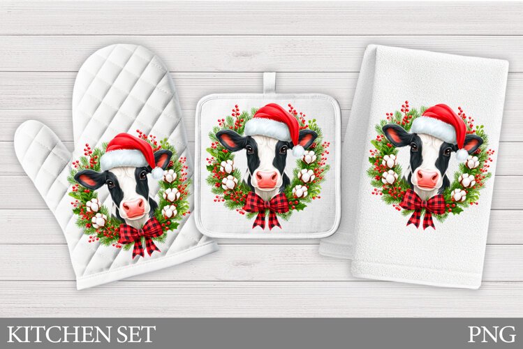 Christmas Cow Oven Mitt Design. Christmas Cow Kitchen Towel example image 1