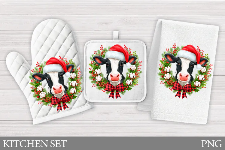 Christmas Cow Oven Mitt Design. Christmas Cow Kitchen Towel