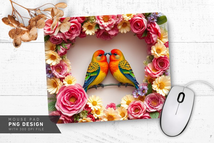 Floral Heart Lovebirds Mouse Pad PNG Design example image 1