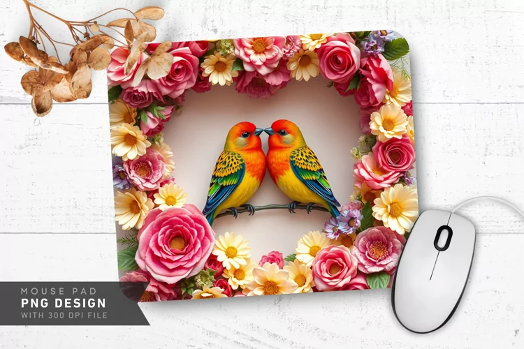 Floral Heart Lovebirds Mouse Pad PNG Design