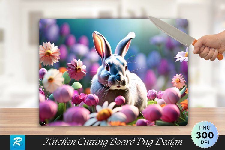 3D Rabbit With Flowers Cutting Board Sublimation Design example image 1