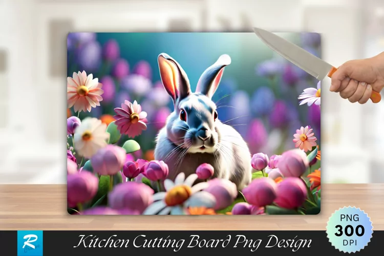 3D Rabbit With Flowers Cutting Board Sublimation Design