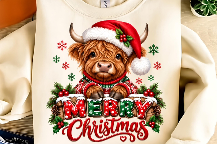 Merry Christmas PNG, Highland Cow Christmas PNG Design