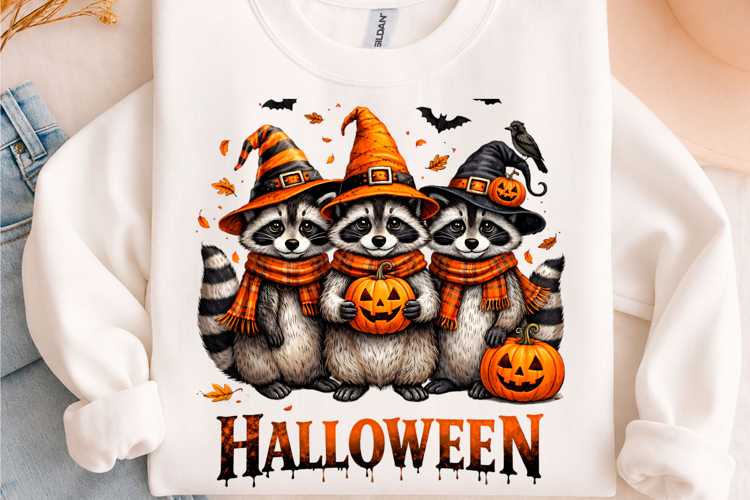 Cute Raccoon Witches Halloween Pumpkin PNG