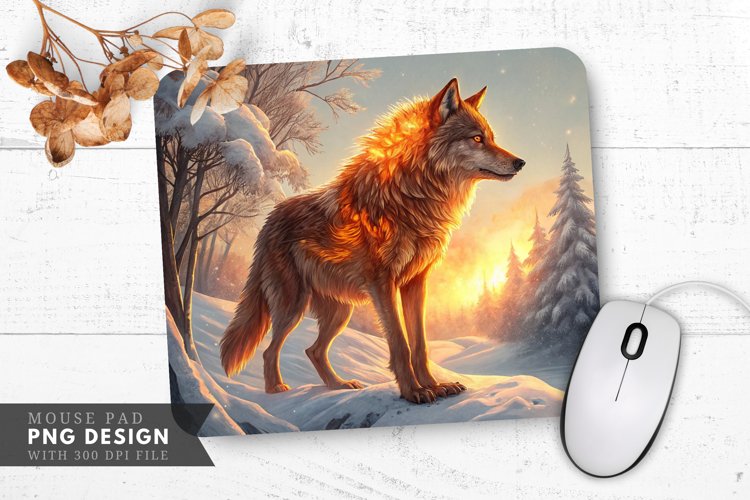 Fiery Wolf in a Snowy Landscape Mouse Pad PNG Design