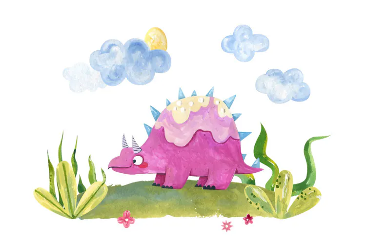Cute watercolor pink stegosaurus dinosaur character
