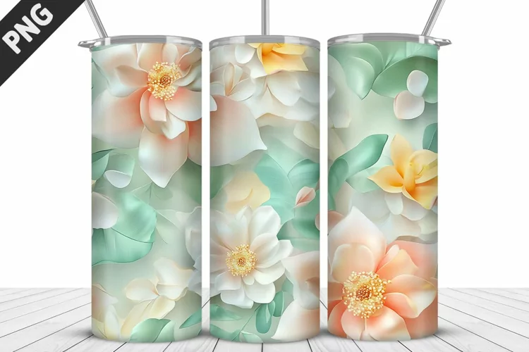 3D White Flowers Tumbler Wrap | Sublimation Design | Tumbler