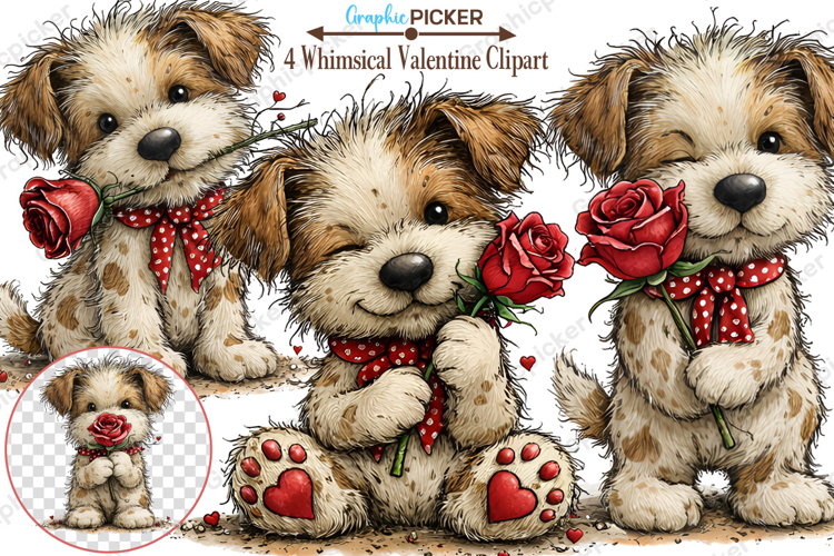 Whimsical Valentine Dogs Clipart, Valentines Day PNG