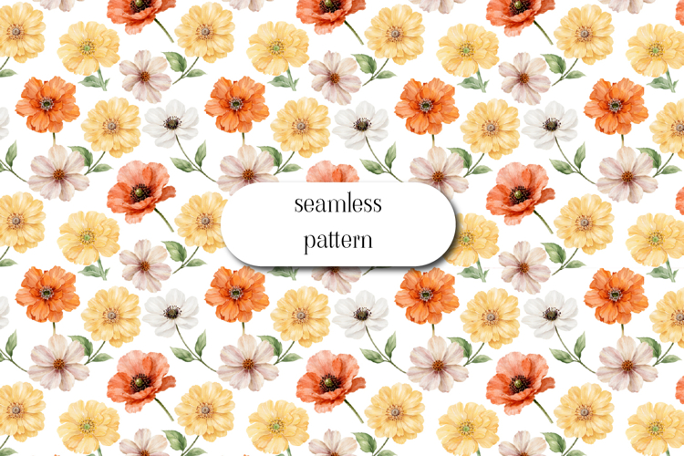Orange Yellow Floral Seamless Pattern Watercolor Design