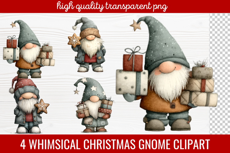 4 Whimsical Christmas Gnome Clipart | Cute Holiday Gnome PNG
