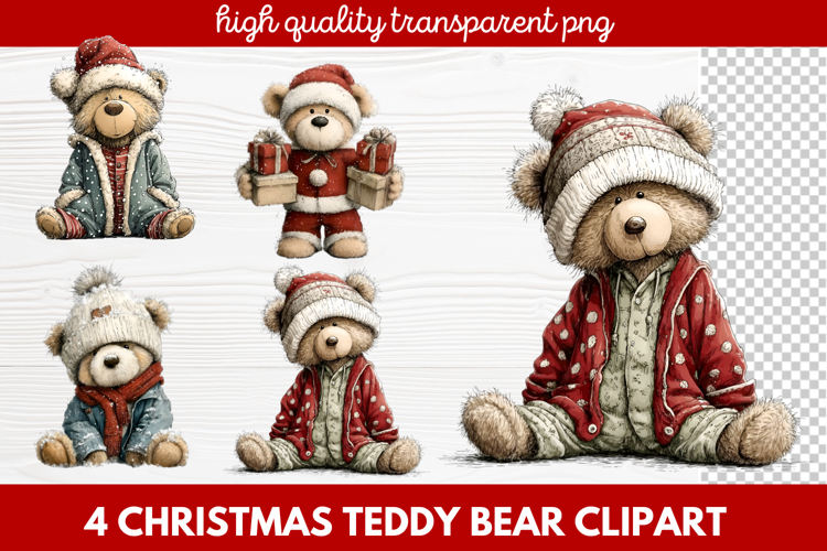 4 Christmas Teddy Bear Clipart | Cute Holiday Bear PNG Illus