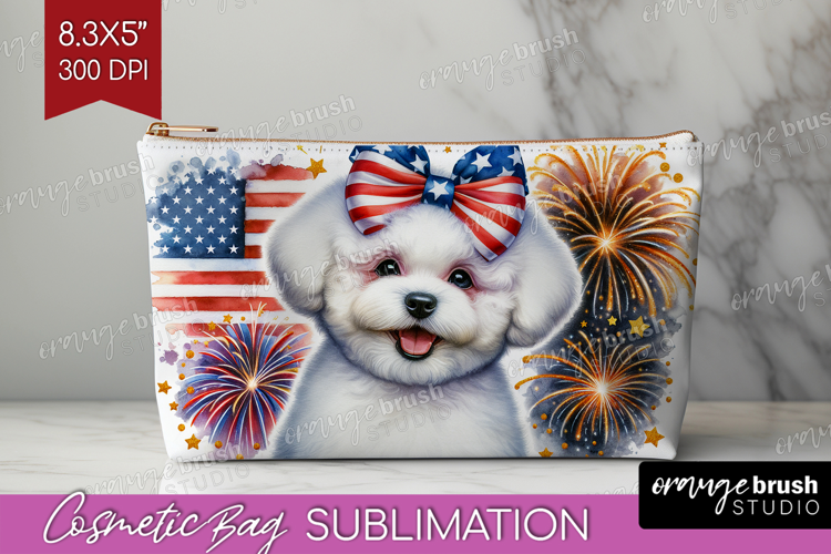 Bichon Frise Dog Cosmetic Bag Patriotic Dog Makeup Bag PNG