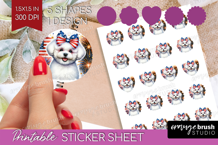 Bichon Frise Dog Round Sticker Patriotic Dog Printable Sheet