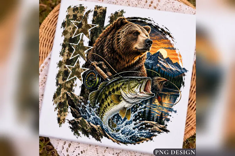 Bear Fishing PNG, Bass Fish Outdoor Hunting Design, Mountain