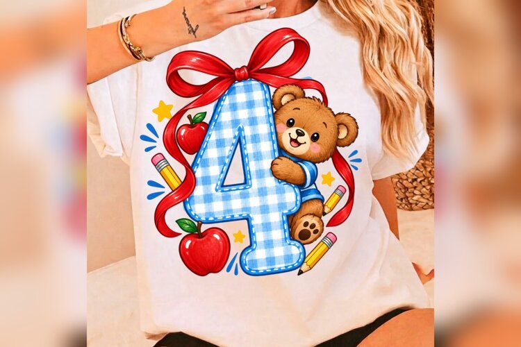 4th Grade Teddy Bear PNG, Back to School Apple Pencil Bow example image 1